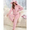 Roze fleece pyjamaset met hartjespatroon en schattige dierenoren op de capuchon - S / Oudroze