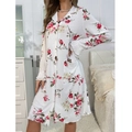 Floral long sleeve button-down nightgown with lapel collar and ruffle cuffs in white - S / White Flower