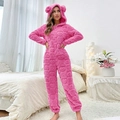 Women's pink hooded fleece romper with heart pattern and cute bear ears on the hood - Rose Red