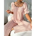 Set pigiama in pizzo rosa con ricamo traforato e finiture con volant neri da donna - S / Rosa Loto