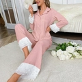 Pink pleated pajama set for women with white ruffle cuffs and lapel button-down shirt - S / Lotus root pink