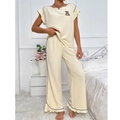 Two-piece waffle knit bear pajamas with short-sleeve top and wide-leg trousers - S / Apricot