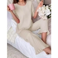 Women's cream white striped loungewear set with lace trim and vertical pleated texture - Apricot