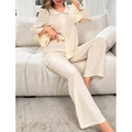 Beiges geripptes Loungewear-Set mit Peter-Pan-Kragen und Rüschenmanschetten - S / Beige