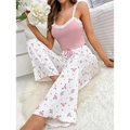 Pink lace camisole and floral wide-leg pajama pants set for women's home wear - S / Pink