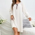 Sweet cream white ribbed long sleeve nightdress with a dark brown silk bow and ruffled cuffs - S / Beige