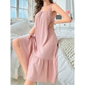 Pink ruffled hem strap nightdress for women featuring textured vertical stripes - Pink