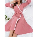 Pink long-sleeve robe with tie waist and white lace trim detail for women - S / Pink