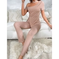 Women's two-piece lounge set with off-shoulder short sleeve top and ribbed pants in pink - S / Khaki