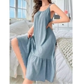 Detail of light blue striped sleepwear fabric and ruffled hemline in bedroom setting - S / Haze Blue