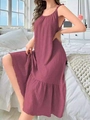 Detail of ruffle hem and ribbed texture on the sleeveless lotus pink loungewear dress - Plum