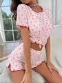 Pink rib-knit pajama set for women with cherry print and red ruffled edges - S / Pink