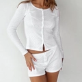 White pointelle knit two-piece pajama set with long sleeve button top and lace trim shorts - L / White