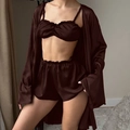 Three-piece satin pajama set with camisole, shorts, and robe in deep chocolate silk fabric - S / Brown