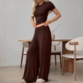 Conjunto de descanso de dos piezas marrón oscuro para mujer con top y pantalón ancho - S / Marrón
