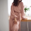 Women's light pink double-layer cotton gauze bathrobe with waist tie for autumn - S / Brown