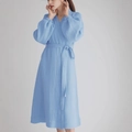 Light blue double-layer cotton gauze bathrobe for women with long lantern sleeves and tie waist - S / Blue