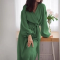 Emerald green pure cotton double gauze long bathrobe with belt and lantern sleeves - S / Green