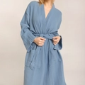 Morandi blue muslin cotton bathrobe for women featuring V-neck and waist tie design - S / Blue