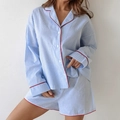 Blue and white striped cotton pajama set with red trim featuring long sleeves and shorts - XL / Blue White Stripes (Striped)