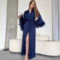 Navy blue satin long robe with feather trim cuffs and elegant belted V-neck design - S / Blue