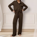 Women's modal long sleeve loungewear set in dark chocolate brown with wide-leg pants - 2XL / Brown