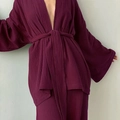 Donkerpaarse dames pyjama set van crêpe katoen in kimono-stijl met ceintuur en broek - S / Bordeauxrood
