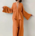 Tweedelige terracotta katoenen pyjamaset met kimono top en wijde broek voor dames - S / Oranje