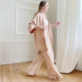 Dames lounge-set 2-delig van crêpekatoen in oudroze met kimono top en wijde broek - S / Champagne