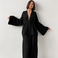 Pigiama da donna in cotone nero con maniche a kimono e pantaloni a gamba larga - Taglia S / Nero