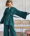 Pigiama donna in cotone crêpe verde scuro con top a vestaglia e pantaloni a gamba larga - Taglia S / Ciano