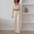 Three-piece apricot milk silk sleepwear set with tank top, pants, and cardigan - Apricot