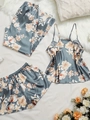Vue à plat d'un ensemble pyjama 3 pièces en satin soyeux avec imprimé floral orange - S / Haut Et Bas / Gris Dégradé