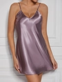 Detailed view of lilac satin nightgown featuring V-neckline and delicate lace trim detail - S / Purple