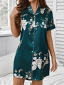 Damen Satin Nachthemd in Dunkelgrün mit Blumenmuster, Kurzarm und weißer Paspelierung - S / Dunkelgrün