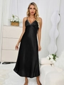 Detail of elegant black satin nightgown with V-neckline and grey lace trim decoration - S / Black