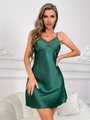 Elegant dark green satin nightgown with lace V-neck and thin adjustable straps - S / Dark Green