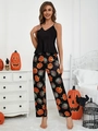 Women's V-neck pajama set with black tank top and Halloween pumpkin print pants - S / Halloween Limited