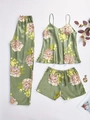 Three-piece green floral ice silk pajama set with camisole, pants, and shorts - S / Dark Green Floral Three-Piece Set