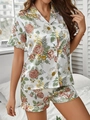 Détails du pyjama en soie aux motifs de roses rouges et de marguerites blanches - S / Floral à Feuilles Vertes
