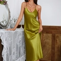 Elegant emerald green satin slip dress with V-neck and slim fit for summer home wear - Matcha Green
