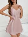 Detailed view of pink satin nightgown with delicate spaghetti straps and V-neckline - Pink