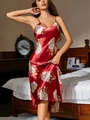 Elegant deep red satin nightgown with floral print and V-neckline in a bedroom setting - S / Red