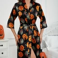 Women's satin Halloween robe with orange pumpkin and spider web patterns in black - S / Halloween Print