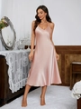 Detail view of pink satin nightgown featuring elegant V-neckline and smooth silk texture - S / Pink