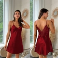 Elegant wine red silk satin chemise with lace back detail and slim shoulder straps - S / Red