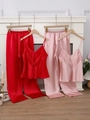 Ensemble pyjama en satin de soie glacée avec caraco en dentelle et pantalon long rouge et rose - S / Rouge et Rose