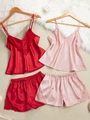 Women's silk satin pajama set with lace V-neck top and shorts in red and pink - S / Red And Pink