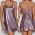 Purple ice silk satin nightgown with deep V-neck and delicate lace back embroidery - S / Purple