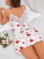 Nuisette en satin blanc avec imprimés cœurs rouges et dentelle délicate au dos - Cœur